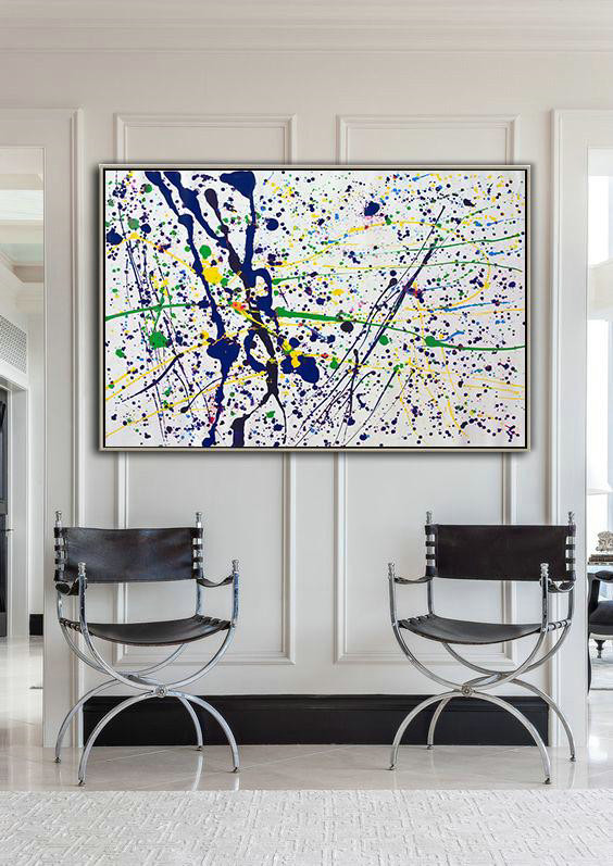Extra Large 72" Acrylic Painting,Oversized Horizontal Contemporary Art,Large Wall Art Canvas,White,Dark Blue,Yellow,Green.etc
